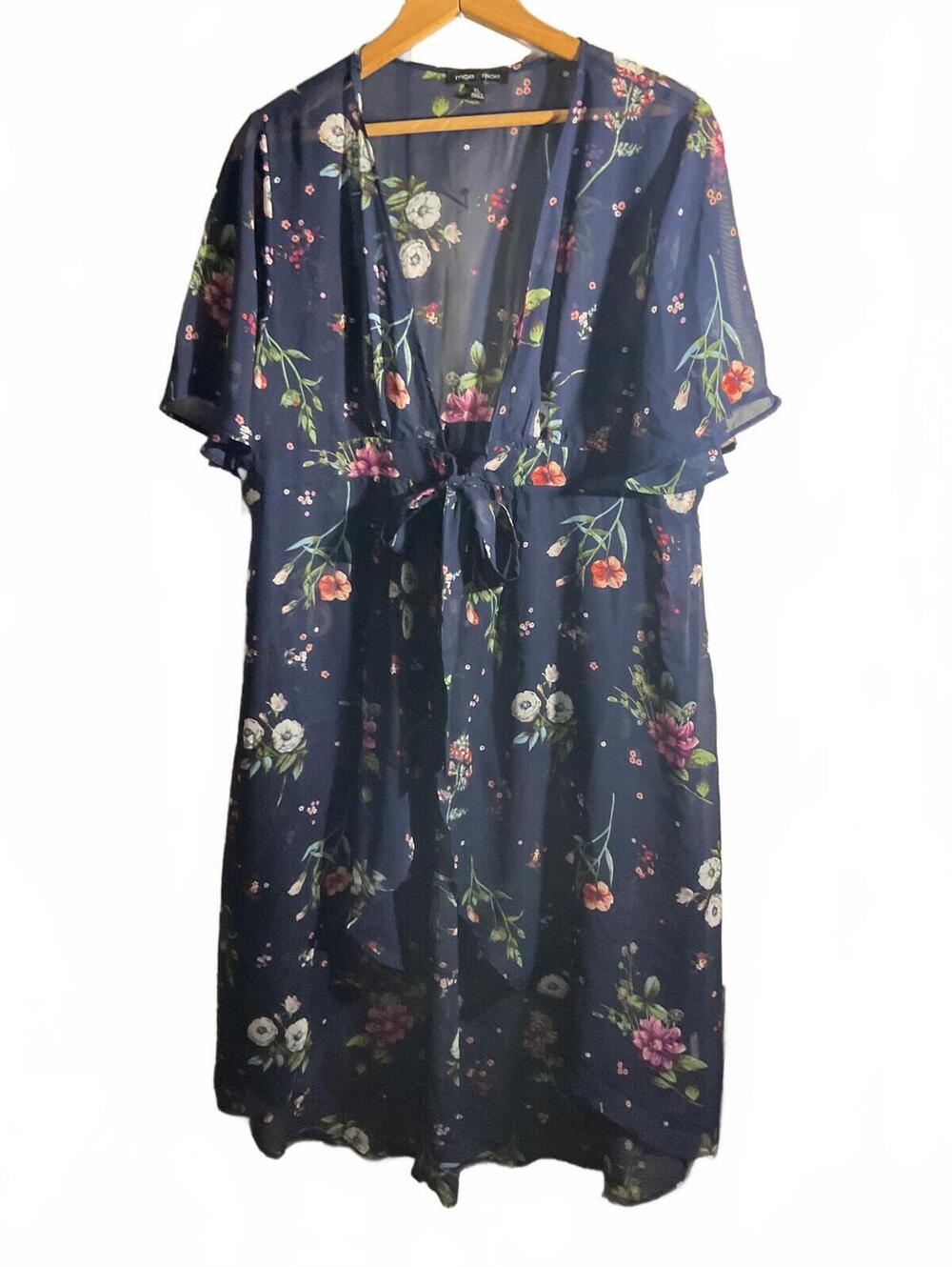 moa moa Navy Floral Sheer Tie Front Chiffon Topper/Kimono Size XL
